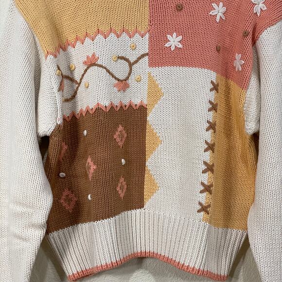 Vintage 80s Patchwork Floral Sweater Coastal Grandma Cottage Prairie Kawaii L - Picture 3 of 10